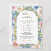 Invitation Code QR Mariage Musulman Bleu Arche Dorée Fleurs D (Devant)