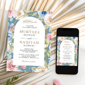 Invitation Code QR Mariage Musulman Bleu Arche Dorée Fleurs D
