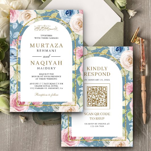 Invitation Code QR Mariage Musulman Bleu Arche Dorée Fleurs D