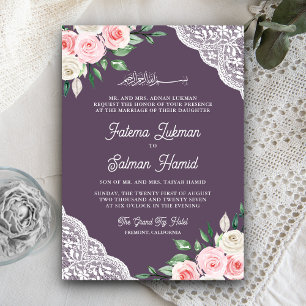 Invitation Code QR Mariage Musulman Fleurs Roses Dentelle Vio