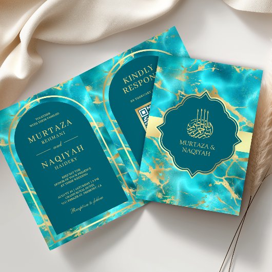 Invitation Code QR Mariage Musulman Or Eau Bleu Aqua