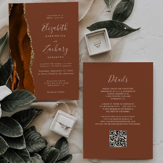 Invitation Code QR Mariage Or Agate Rouille Dorée Brûlée