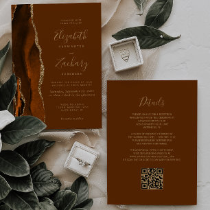 Invitation Code QR Mariage Or Brun Agate Orange Brûlé