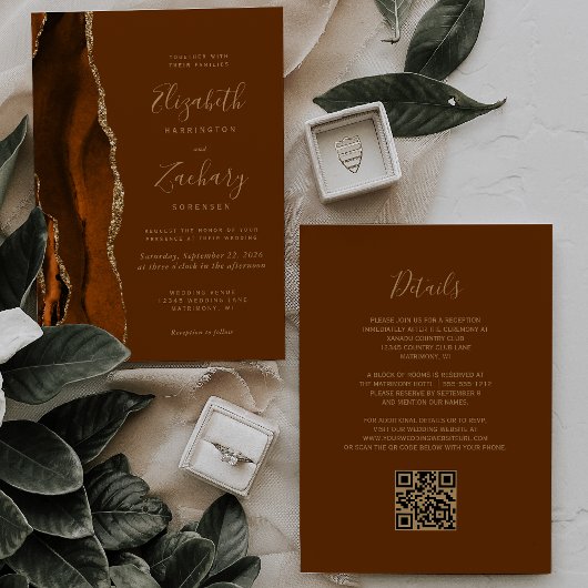 Invitation Code QR Mariage Or Brun Agate Orange Brûlé