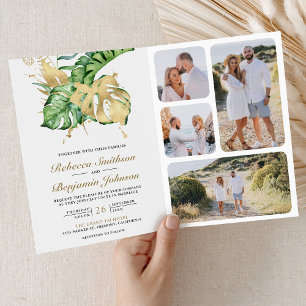 Invitation Code QR Mariage Palmier Tropical Monstera Or