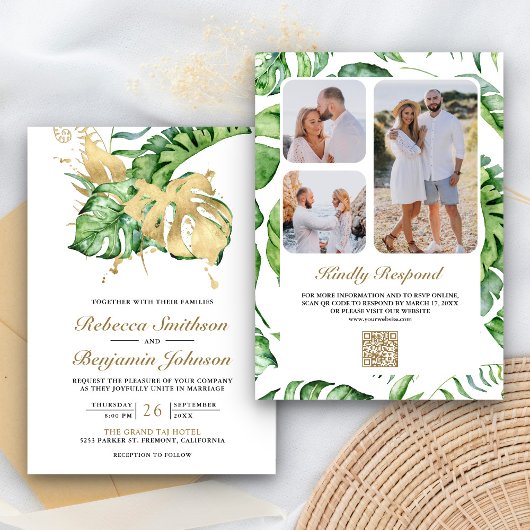 Invitation Code QR Mariage Palmier Tropical Monstera Or