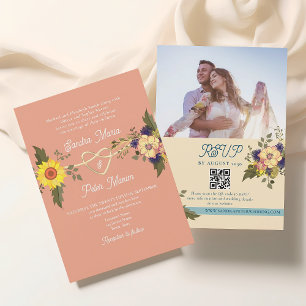 Invitation Code QR Mariage Pêche Floral