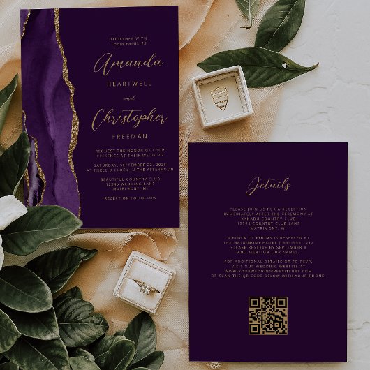 Invitation Code QR Mariage Prune Agate Or Pourpre