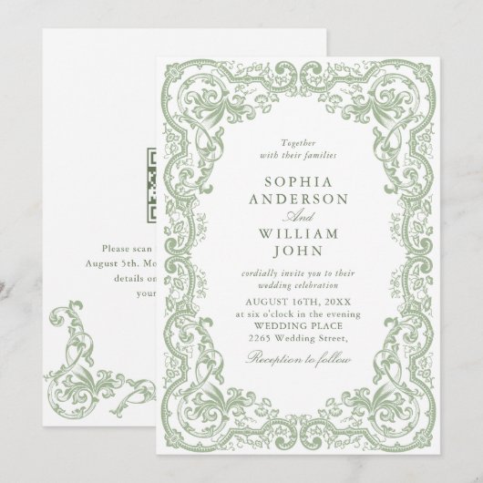 Invitation Code QR Mariage Renaissance Ornate Sage Green (Devant / Derrière)