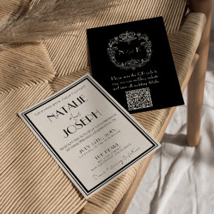Invitation Code QR Mariage Rétro Argent Noir Élégant de Luxe