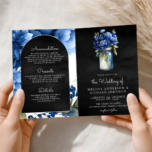 Invitation Code QR Mariage Royal Bleu Floral Bocal Noir