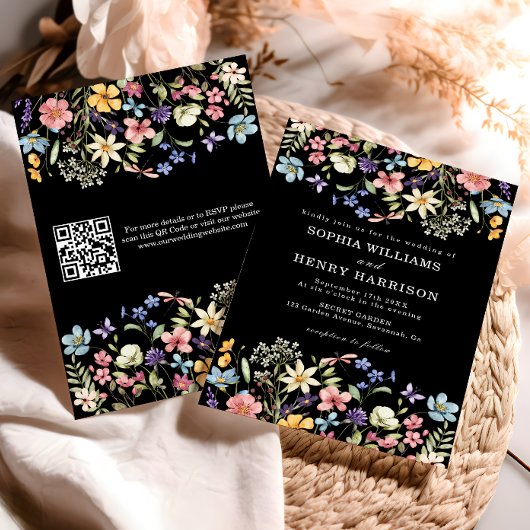 Invitation Code QR Mariage Rustique Chic Fleur Sauvage Noir 