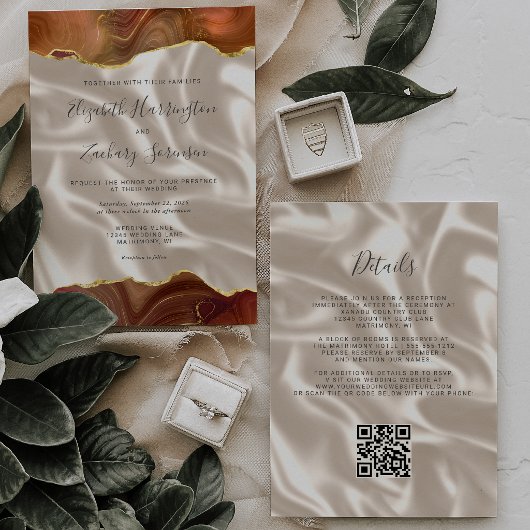 Invitation Code QR Mariage Soie Ivoire Agate Or Orange Brûlé