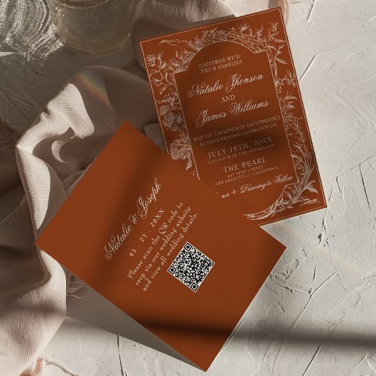 Invitation Code QR Mariage Terracotta Floral Orange Brûlé