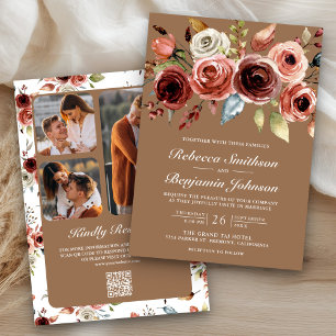 Invitation Code QR Mariage Terre Cuite Floral Beige Tanné