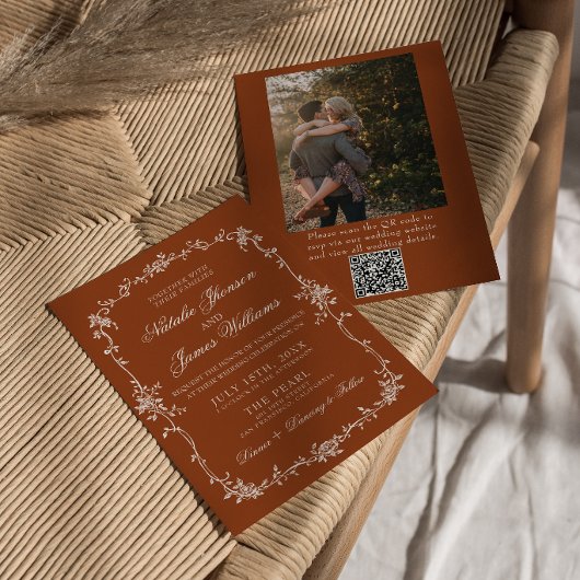 Invitation Code QR Mariage Terre Cuite Florale Orange Brûlé