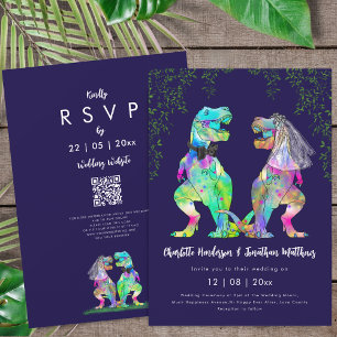 Invitation Code QR Mariage Thème Dinosaure Bleu Marine Rose
