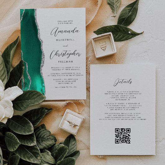 Invitation Code QR Mariage Vert écume d'argent Agate