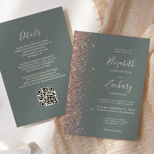 Invitation Code QR Mariage Vert Sauge Foncé Paillettes Or Ros