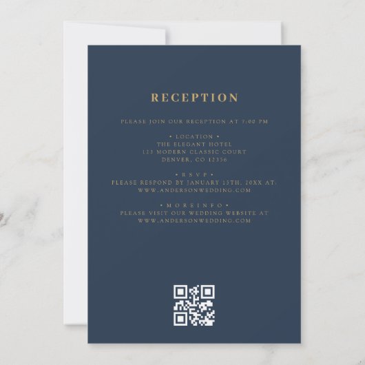 Invitation Code QR Marine Blue Gold Minimal Mariage de feuill (Dos)