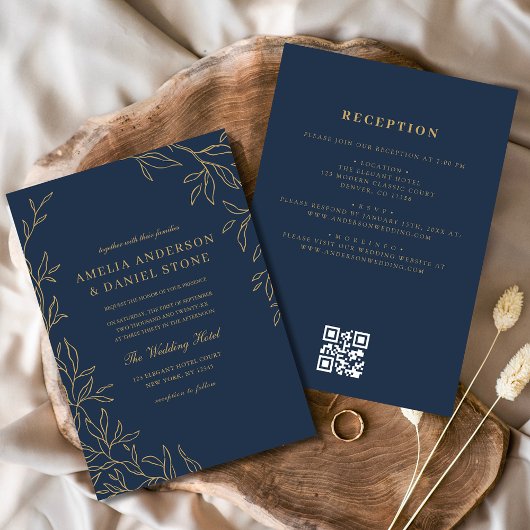Invitation Code QR Marine Blue Gold Minimal Mariage de feuill