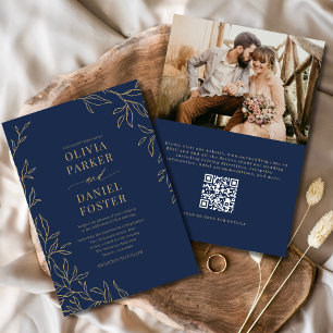 Invitation Code QR Marine Blue Gold Photo Mariage élégant