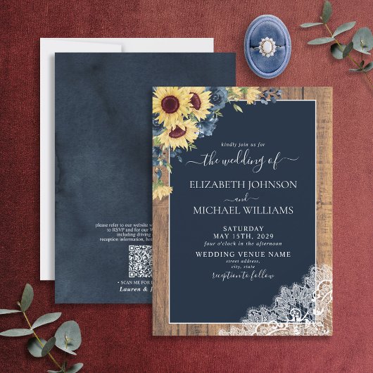 Invitation Code QR Marine Blue Sunflower Lace Script Mariage