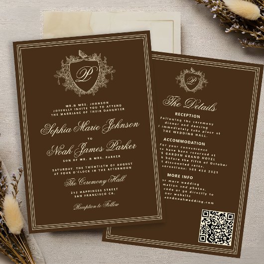 Invitation Code QR marron classique monogramme mariage formel