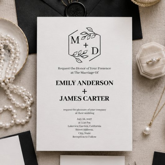 Invitation Code QR Minimal Monogramme Botanique Mariage 