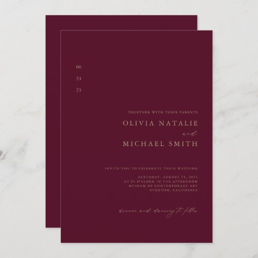 Invitation Code QR minimum Bourgogne et or tout en un Mariage (Devant / Derrière)