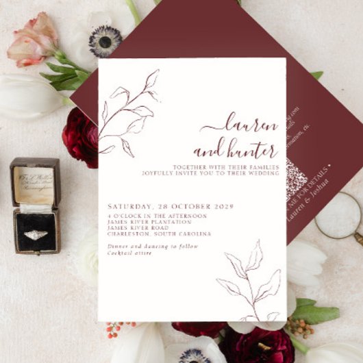 Invitation Code QR moderne Burgundy Script Mariage botanique