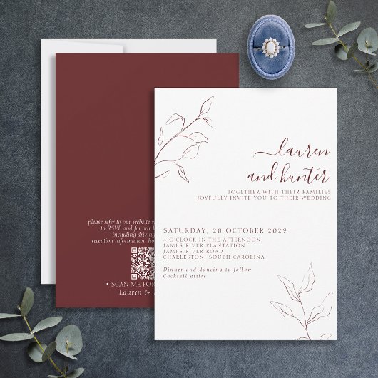 Invitation Code QR moderne Burgundy Script Mariage botanique