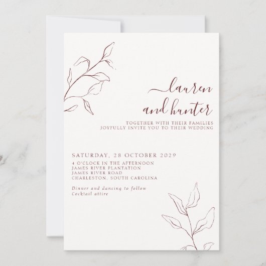 Invitation Code QR moderne Burgundy Script Mariage botanique (Devant)