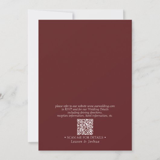 Invitation Code QR moderne Burgundy Script Mariage botanique (Dos)