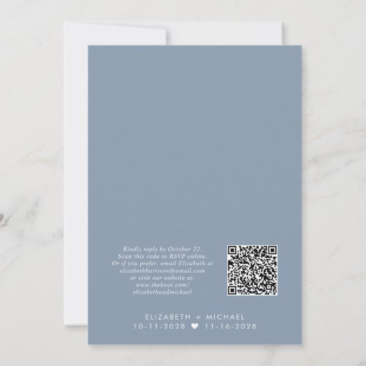 Invitation Code QR moderne Dusty Blue Wedding Réception (Dos)