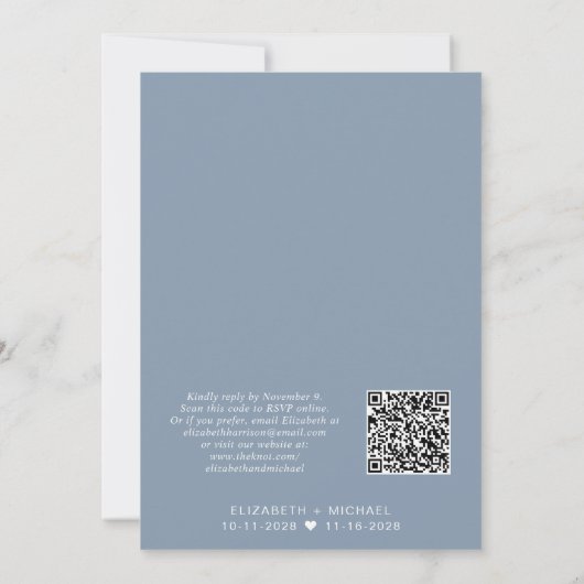 Invitation Code QR moderne Dusty Blue Wedding Réception (Dos)