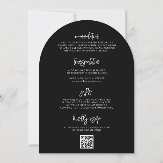 Invitation Code QR moderne et détails Mariage Black Arch (Dos)
