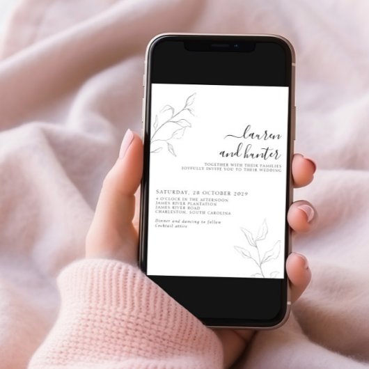 Invitation Code QR moderne Gris blanc Script Mariage botaniqu