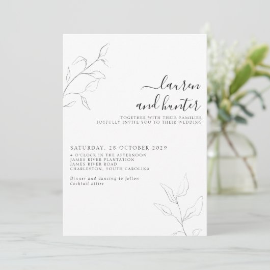Invitation Code QR moderne Gris blanc Script Mariage botaniqu (Debout devant)