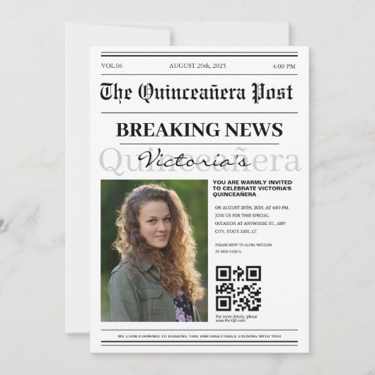 Invitation code qr moderne Journal Quinceañera (Devant)
