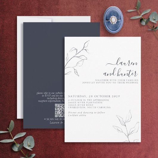 Invitation Code QR moderne Marine Bleu Script Mariage botaniq