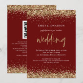 Invitation Code QR Moderne Paillettes Dorées Mariage Bordeaux (Devant / Derrière)