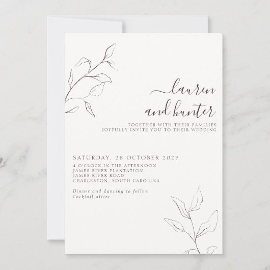 Invitation Code QR moderne Plum violet Mariage botanique (Devant)