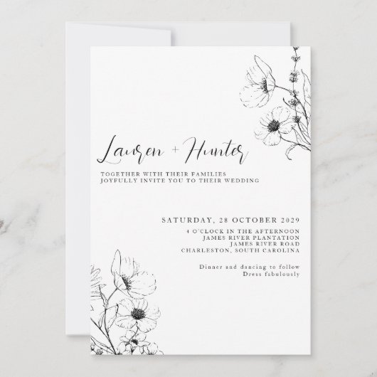 Invitation Code QR moderne Script noir blanc Mariage Floral (Devant)