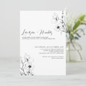 Invitation Code QR moderne Script noir blanc Mariage Floral (Debout devant)