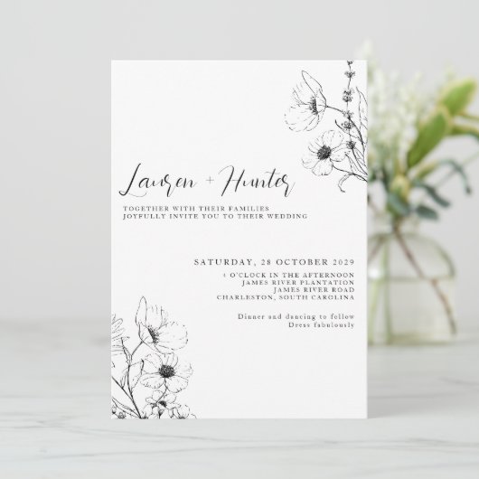 Invitation Code QR moderne Script noir blanc Mariage Floral (Debout devant)