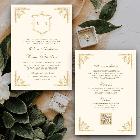 Invitation Code QR Monogramme Crème Mariage Gold Crest