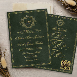 Invitation Code QR monogramme de crête mariage vert émeraude