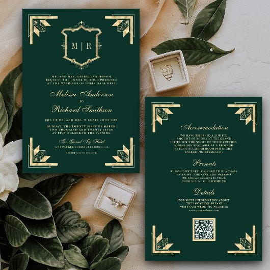 Invitation Code QR Monogramme Gold Crest Vert Emeraude Mariag