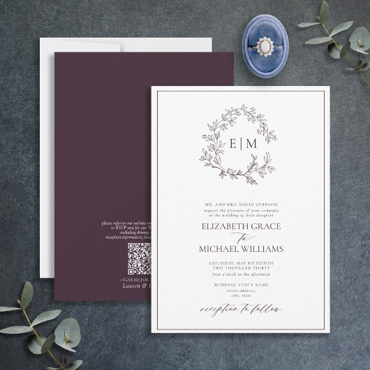Invitation Code QR Monogramme officiel Plum pourpre poitrine